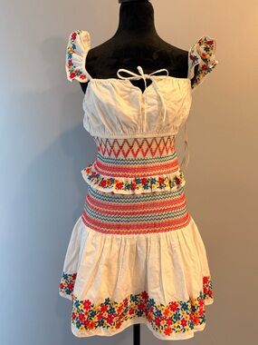Tularosa White Smocked Dress with Multicolor Embroidery size M NWT Floral summer